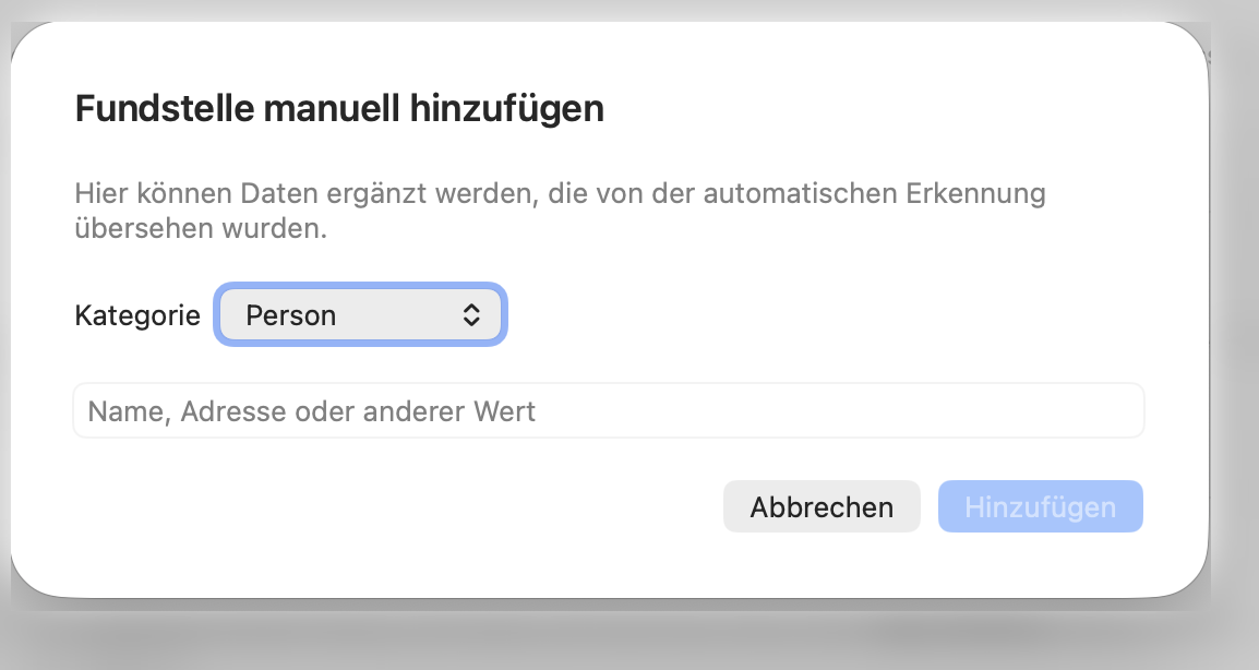 Manuelle Fundstelle hinzufügen