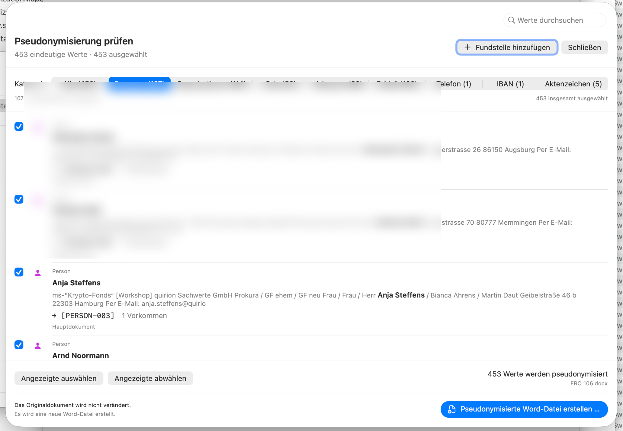 Prüfansicht, sensible Beispieldaten unkenntlich gemacht