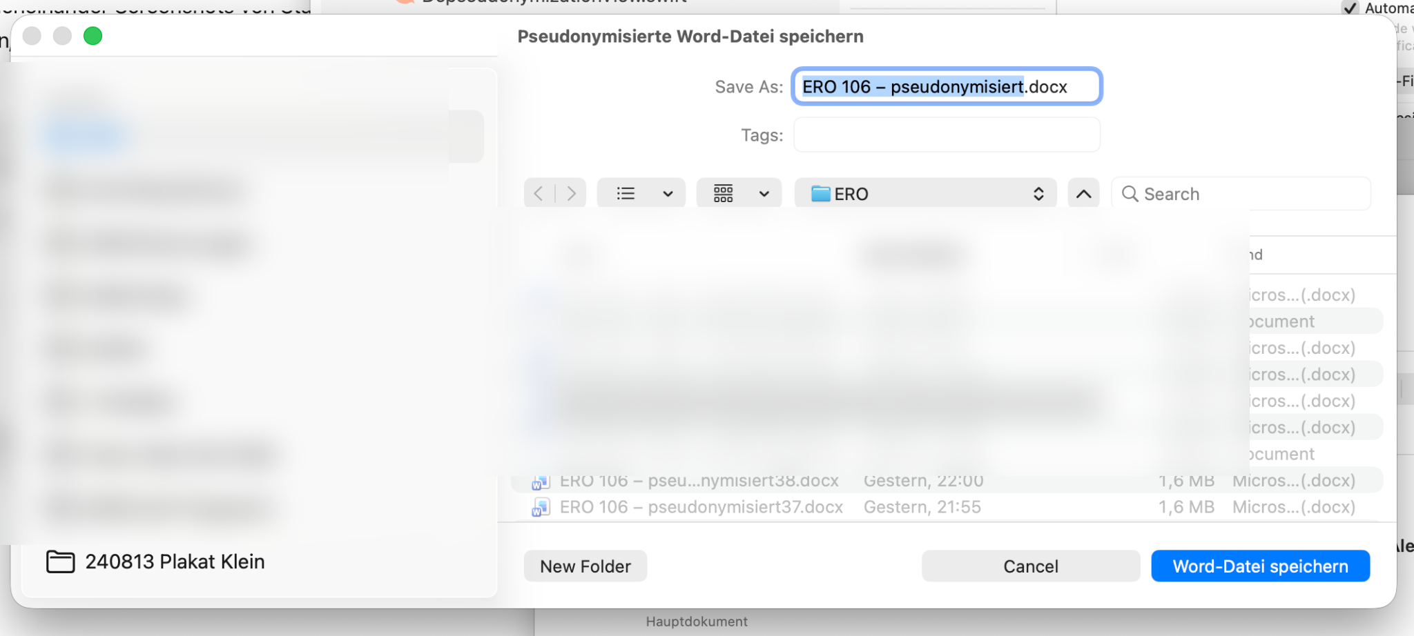 Speichern der pseudonymisierten Word-Datei